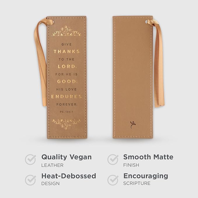 Christian Art Gifts Tan Faux Leather Floral Bookmark for Women: Give Thanks - Psalm 106:1 Inspirational Bible Verse, Heat-Debossed & Golden Accents with Light Sandy Tan Satin Ribbon Reading Accessory