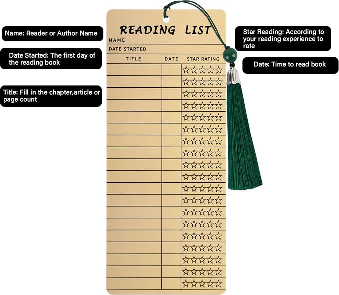 Book Lover Gifts, Vintage Bookmarks,12 PCS Reading List Bookmark with 12 PCS Green Tassels, Book Club Ideas Hosting, Library Card, Book Club Party Deacoration Favors, Book Tracker Book Marker