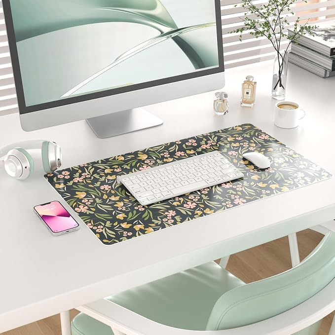 Colorful Star Large Mouse Pad, PU Leather Waterproof Desk Mat, Computer Gaming Mouse Pad, XXL Extended Mousepad Non Slip Desk Pad for School Office Home 23.6" x 13.8" - Ditsy Floral Print