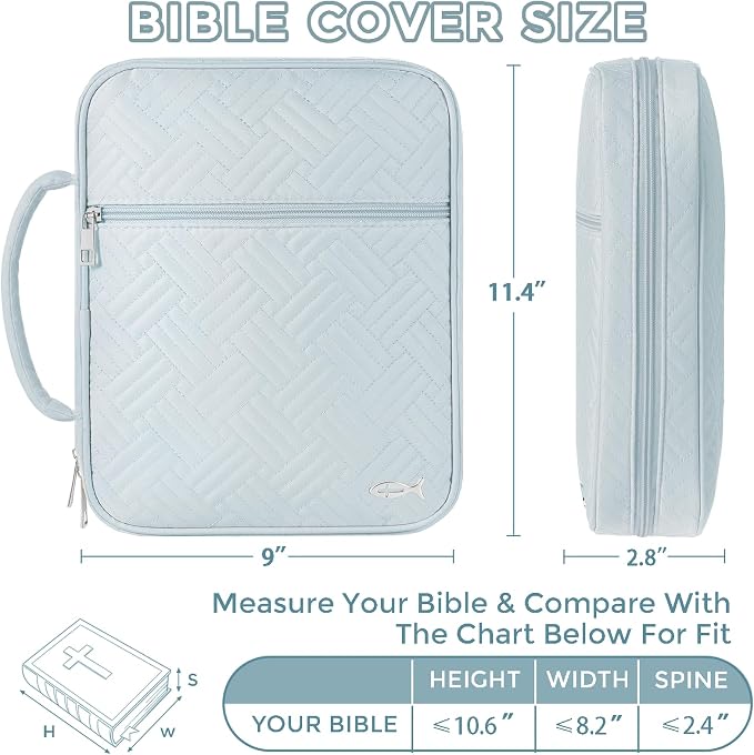 XKDOUS Bible Cover Case for Women, Large Bible Cover with Durable Handle, Washable Quilted Bible Case, Bible Study Supplies & Christian Gifts for Mom, Women, Men (Light Blue)
