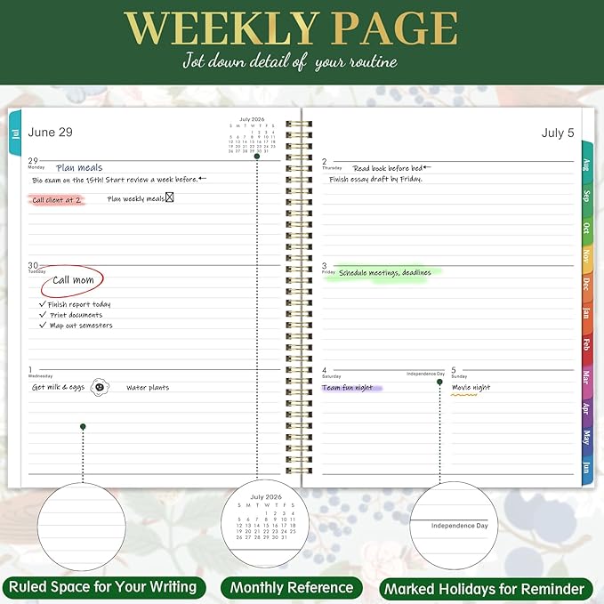 Planner 2026-2027 - Academic Planner 26-27, July 2026 - June 2027, 9" x 11", 2026-2027 Planner Weekly and Monthly with Monthly Colorful Tabs + Storage Pocket + Spiral Bound - Floral