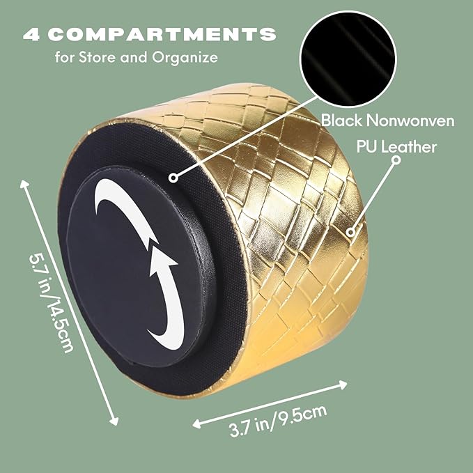 TV Remote Holder, PU Leather 360 Degree Rotating Remote Caddy with 4 Compartments, Bedroom Nightstand, Gold PH103