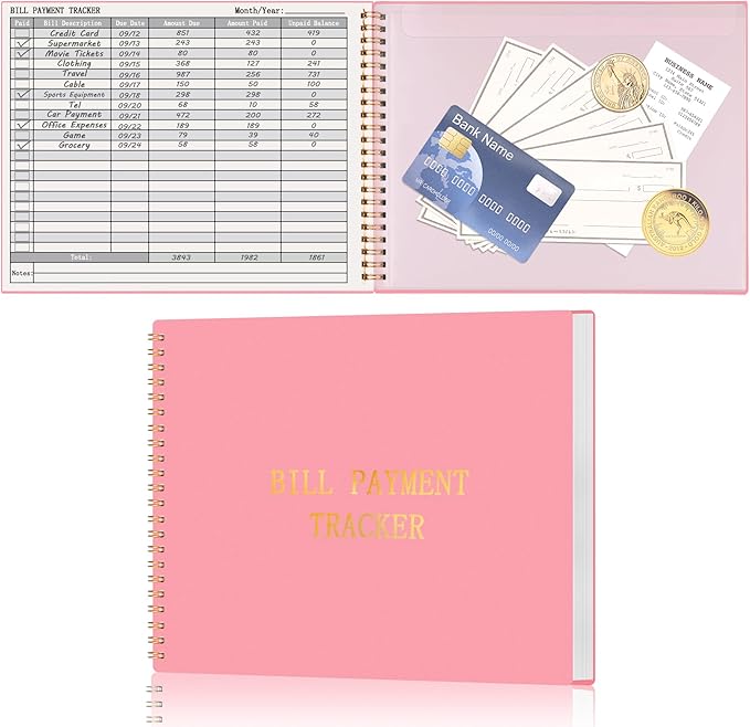 HAUTOCO Bill Tracker Notebook Monthly Bill Payment Tracker for Personal Budgeting Home Financial with 2 Storage Pocket, Payments Checklist Organizer Bill Planner 10.1 x 7.8'', Pink