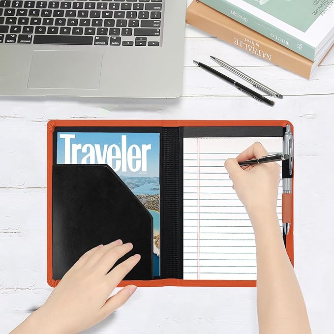 A5 Padfolio Business Portfolio Folder,Junior Size Document Folder Organizer, Padfolio with Interior Pocket and Pen Loop, 5 x 8 Writing Pad Included,Orange.