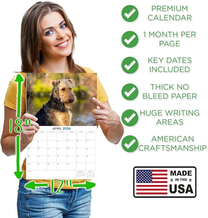 2025 2026 Airedale Calendar - Dog Breed Monthly Wall Calendar - 12" x 18" Open - Thick No-Bleed Paper - Giftable - Academic Teacher's Planner Calendar Organizing & Planning - Made in USA