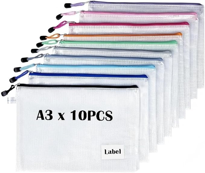 10 Pack Large Size A3 Mesh Zipper Pouches, Semi‑Clear Plastic Organizer Bags for Travel, School Supplies, Office and Home Puzzles Toys Organization – 16.9x12 Inch
