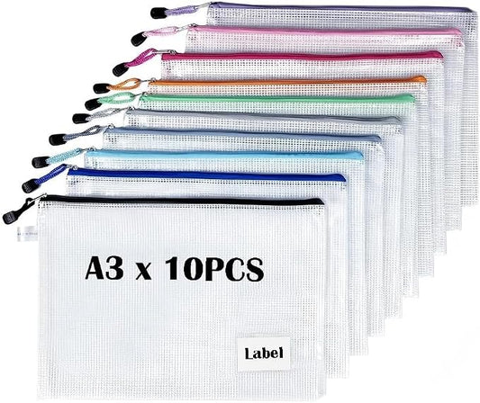 10 Pack Large Size A3 Mesh Zipper Pouches, Semi‑Clear Plastic Organizer Bags for Travel, School Supplies, Office and Home Puzzles Toys Organization – 16.9x12 Inch