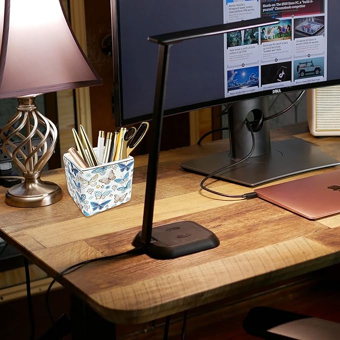 Pen Holder for Desk, Ceramic 2 Compartments Gold Blue Butterfly Pencil Holder Desk Organizer Storage Desktop Accessory Office School Home Pen Cup for Countertop