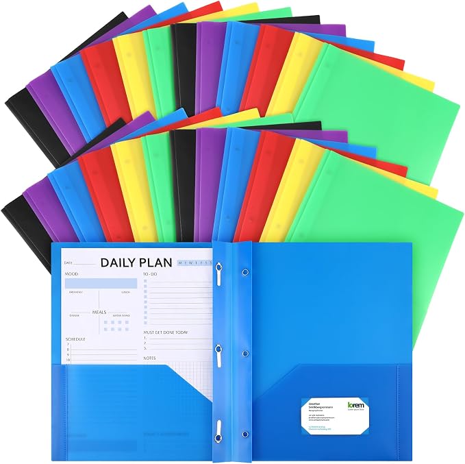 Cholemy 72 Packs Pocket Folders with Prongs Heavy Duty Plastic Folder with Business Card Slot 3 Prong Fasteners for School Office (Stylish)