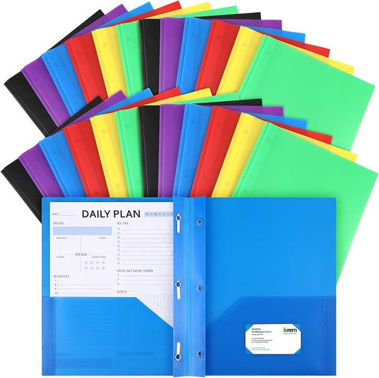 Cholemy 72 Packs Pocket Folders with Prongs Heavy Duty Plastic Folder with Business Card Slot 3 Prong Fasteners for School Office (Stylish)