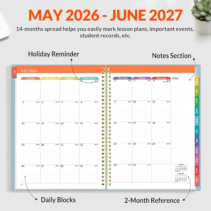 SUNEE Teacher Planner 2026-2027 Academic Year, Lite Lesson Planner Book with 7 Periods Jul 2026 - Jun 2027, 8.5"x11" Daily Weekly and Monthly Organizers, Plan Book with Pocket Folder, Color Tabs,Blue