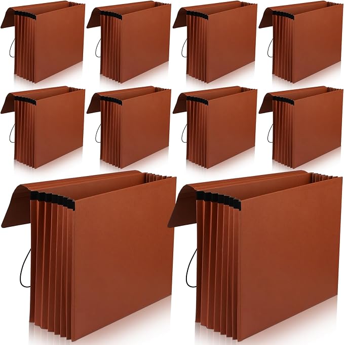 Chuangdi 10 Pcs Expanding File Folder with Flap 5.3" Expansion, Expandable File Wallet with Elastic Cord Closure, Letter Size Heavy Duty Document Organizer, 8 Slots Holds 1200 Sheets Paper, Brown