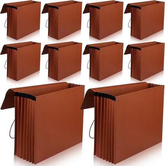 Chuangdi 10 Pcs Expanding File Folder with Flap 5.3" Expansion, Expandable File Wallet with Elastic Cord Closure, Letter Size Heavy Duty Document Organizer, 8 Slots Holds 1200 Sheets Paper, Brown