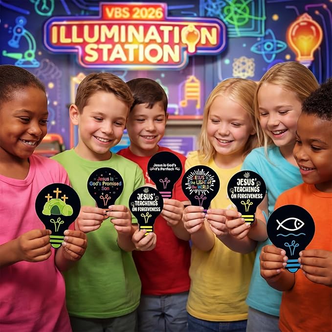 Eaasty 144 Pcs 4.6 x 3.2'' 2026 Vbs Vacation Bible School Memory Tags Illumination Theme Light Bulb Tags Double-Sided Printed for Jesus Faith Learning Church Activity Supplies