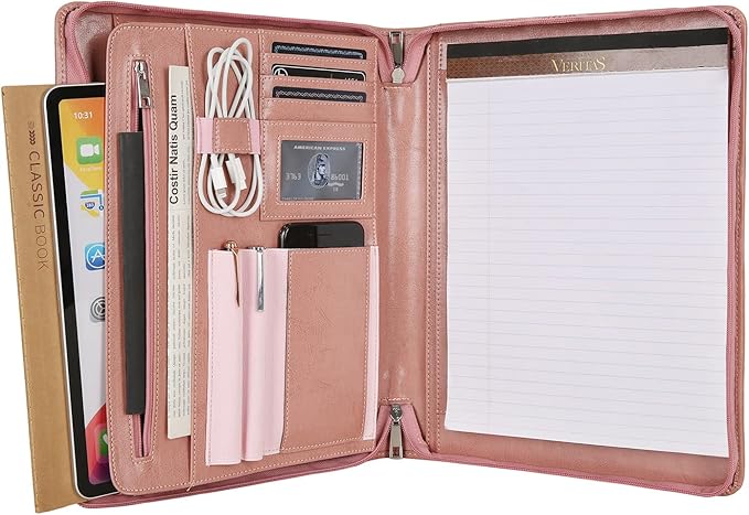 Padfolio for Women, Pink Leather Portfolio with Zipper, Vegan Leather Business Portfolio Organizer with A4 Writing Pad Holder for Resume, Interview, Meeting, Non-Custom