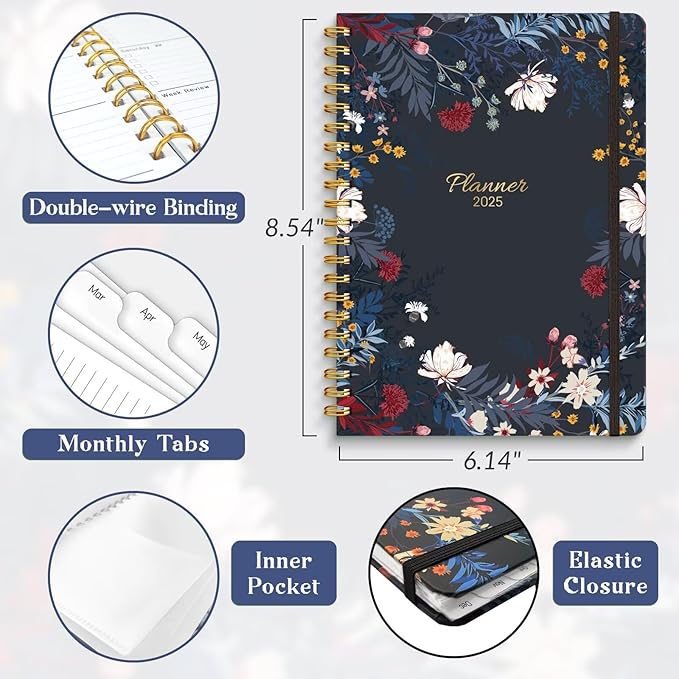 2025 Planner, 12 Month Calendars for Daily and Monthly Planner 2025, A5 Spiral Bound Weekly Planners with Tabs, Day Agenda Organizers from Jan. to Dec. (Black Bloss)