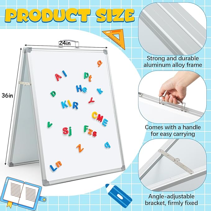 Lincia 36 x 24 Inch Portable Dry Erase Board with Stand, Foldable White Board Double Sided Whiteboard Easel, Silver Aluminum Frame with Metal Handle for Office Home School Teaching Demonstration