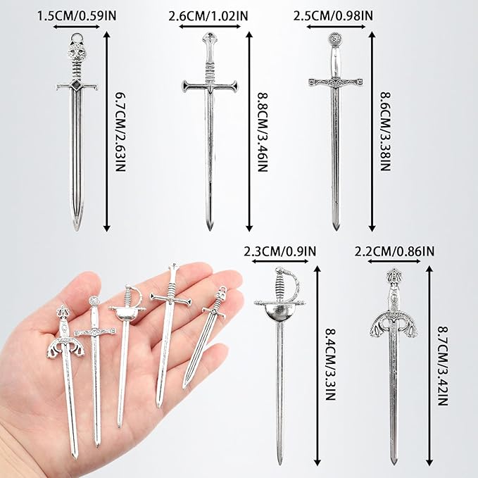 5 Pcs Silver Sword Bookmark, Mini Antique Swords Charms & Knife Bookmark, Zinc Alloy Mini Swords for Jewelry Making, Reading Bookmarks for Book Lovers