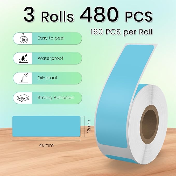 480 PCS D30 Label Maker Tape 0.47" × 1.57" (12 × 40 mm) Vinyl Waterproof Thermal Stickers Self-Adhesive Decals for Retail Office Home School Blue