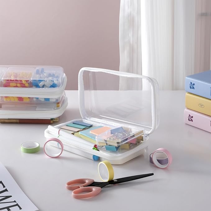 3 pack 8" Clear Zipper Pouches Portable Hard Shell Ccosmetic Case Plastic Storage Bag for Organizing