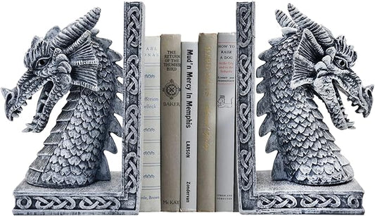 Dragon Bookends for Shelves Set of 2 - Heavy Book Ends Book Supports for Shelves - 4.15 "x 3.25 "x7 Unique Dragon Design Grey（10 Inch