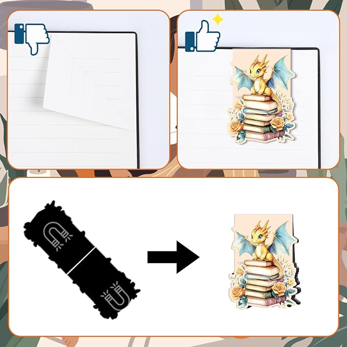 Wxiben Flower Dragon Magnetic Bookmark - 8 Pcs Dragon with Wings Bookmarks Magnetic Floral Animal Magnets Book Marks Page Clip Gift for Women Men Book Lovers Students Teacher Reading School Supplies
