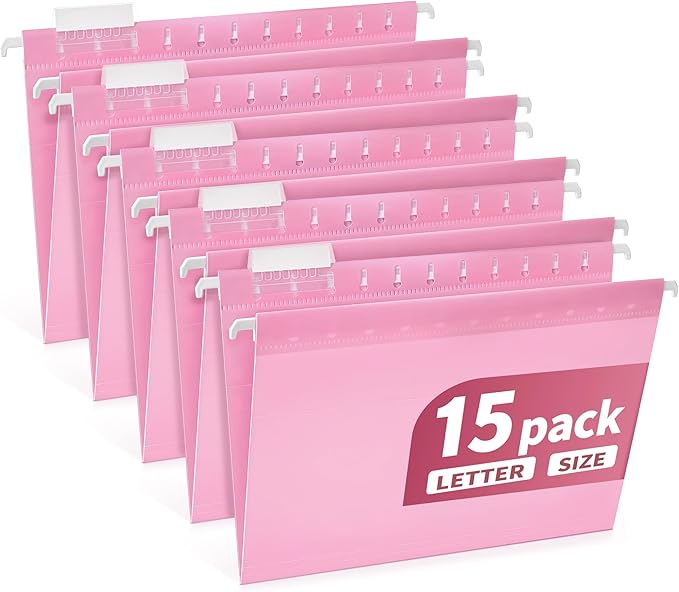Plastic Hanging File Folders Letter Size, Colored Hanging File Folders with Tabs, Durable Waterproof Plastic Hanging Folders for Filing Cabinets, Office, School & Home Organization (15, Pink)
