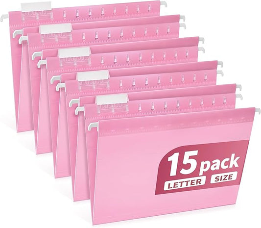 Plastic Hanging File Folders Letter Size, Colored Hanging File Folders with Tabs, Durable Waterproof Plastic Hanging Folders for Filing Cabinets, Office, School & Home Organization (15, Pink)