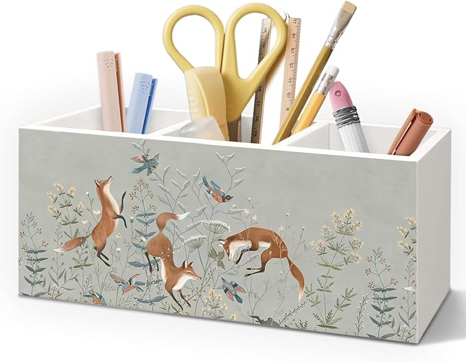 Vintage Fox Wooden Pen Pencil Holder for Desk Accessories, Fox Gifts for Women, Woodland Foxes and Birds Floral Botanical Wood Makeup Brush Toothbrush Holder Organizer for Vanity Bathroom