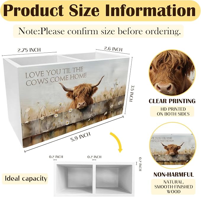 Farmhouse Highland Cow Pen Holder for Desk, Highland Cow Lover Gifts Pencil Organizer, Love You Til the Cows Come Home Wooden Box Sign Desk Decor for Home Office Decoration
