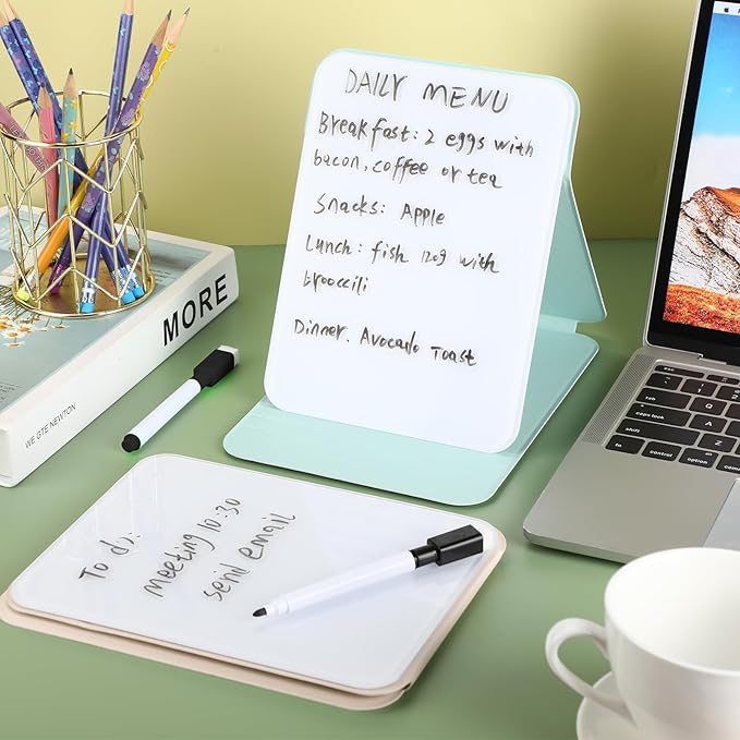 Dunzoom 2 Pcs Small Glass Desktop Whiteboard with Reversable Stand 8 x 6 Inch Mini Dry Erase White Board Easel with 2 Markers Reusable Desk Notepad for Home Office School Supplies (White,Green)