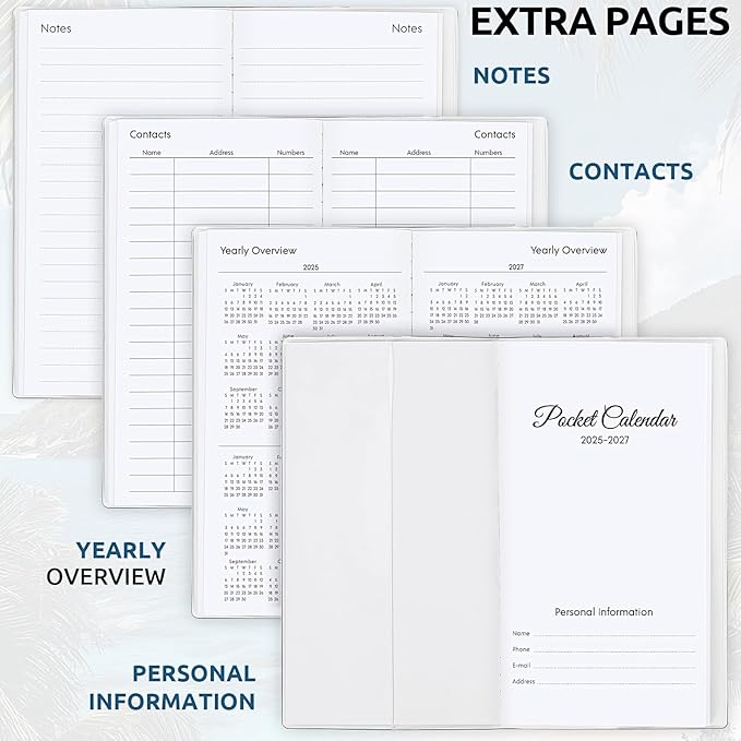 KONVINIT Pocket Calendar 2025-2027, Small Monthly Planner 2025-2027 - 3.7" x 6.7" - Runs from July 2025 Until December 2027, Pocket Calendar 2026 with Beach Cover for Planning