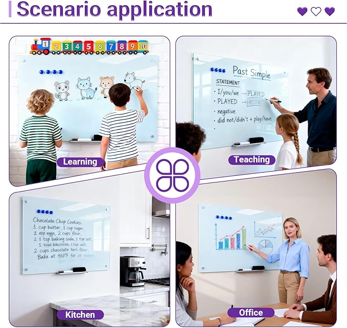 Magnetic Glass Whiteboard - 36” x 24” Glass Dry Erase Board for wall, Frameless Glass WhiteBoard for Office, Home & School