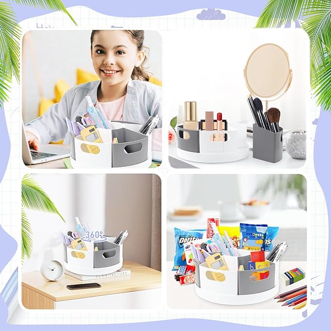 Rotating Art Supply Organizer Storage Caddy for Kids, 7 Bins Craft Crayon Marker Organizers for School Desk, Lazy Susan Pencil Holder for Classroom Organizations (gray and white)