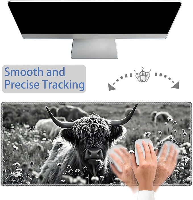 Mouse Pad Gaming Mousepad 31.5x11.8 Inch XXL Large + Coasters,Desk Mat with Stitched Edges, Non-Slip Rubber Base, Thick Mouse Pad for Computer, Laptop, Office & Home - Gray Highland Cow