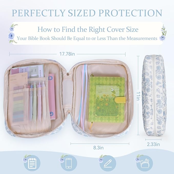 Bible Cover Case for Women Large Quilted Bible Carrying Bag with Handles Bible Study Supplies & Accessories Christian Gifts for Women(Blue Flower, M)