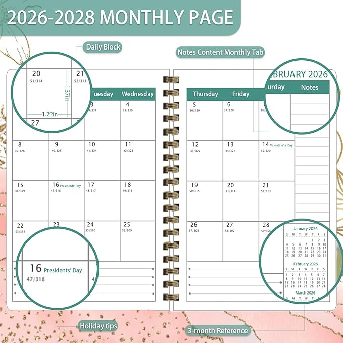 2026-2028 Planner, Three-Year Planner, Daily Plan and Monthly Plan Book, Bound with Iron Circle, A5 (8.26 "x 5.9") (Black)