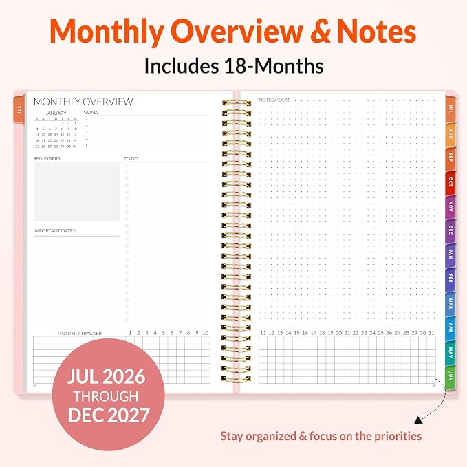 SUNEE Monthly Planner 2026-2027 - 18 Months Calendar Planner from Jul 2026 to Dec 2027, 7"x10" Yearly Planner with Tabs, Spiral Binding, Organizer for School Office Home, Pink