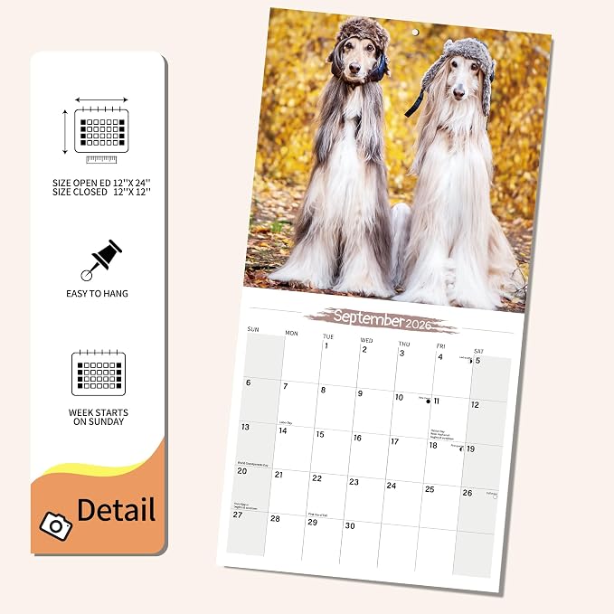 2026 Wall Calendar Afghan hound Planner Calendar, Hangable Monthly Wall Calendar with Large Blocks for Organizing & Planning, Academic Schedule, Home, Office & family, Thick & Sturdy Paper (12"x24" Open)