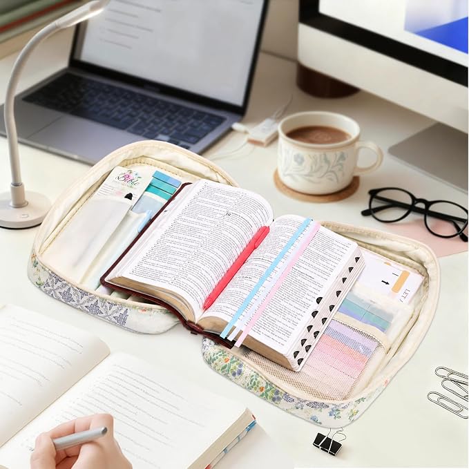 XKDOUS Bible Cover for Women Church Book Holder Quilted Carrying Case with Handle, Tabs, Study Supplies Portable Bible Bag Journaling Kit Christian Gifts for Mom Lady