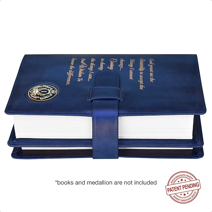 GALILEO® Double AA Big Book Cover & 12 Steps & 12 Traditions | AA Gift | Alcoholics Anonymous | PU Leather | Coin Holder | AA Book Covers (Serenity Prayer/Coin Pocket/Royal Blue Metallic)