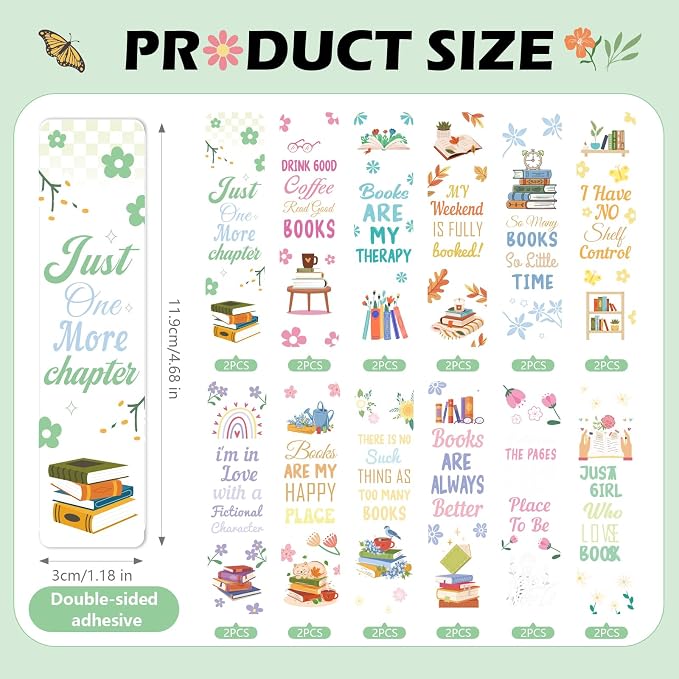 AFRITEE UV DTF Bookmark Stickers - 24 Sheets Book Lovers UV DTF Blank Bookmark Decals, Book Flowers Butterfly Skull Funny Transfer Sticker DIY Blank Acrylic Bookmarks Decoration