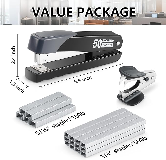 Heavy Duty Stapler, IMLIKE 50 Sheet Full Strip Stapler, Anti-Jam Non-Slip with 5000pcs 26/6 Staples and 1000pcs 23/8 Staples, Staple Remover, for Home, Office, and Classroom, Black