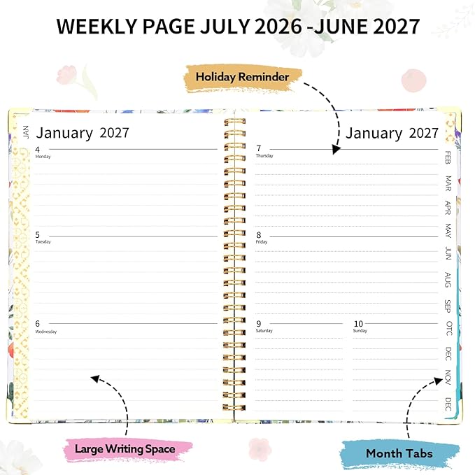 2026-2027 Planner, Weekly and Monthly Planner, July 2026-June 2027, Calendar Planner A5 (6.1" x 8.4") with Tabs, Inner Pocket for Home School Office Supplies, Red Flower
