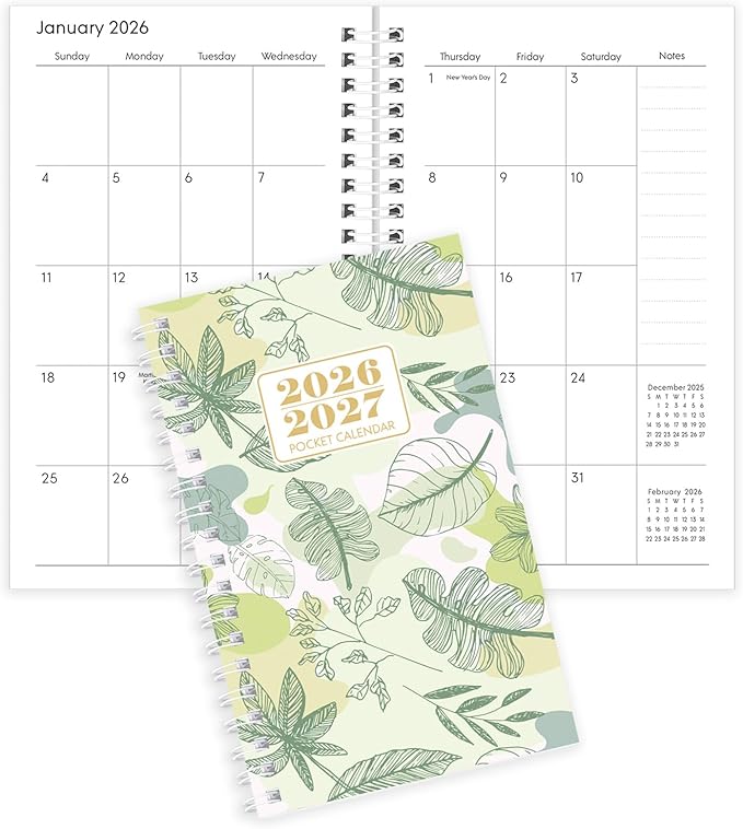 Pocket Calendar 2026-2027, Small Planner -3.7" x 6.7" for Purse, Runs from January 2026 Until December 2027, Monthly Planner 2026-2027 with Coil Organizing & Planning - Green