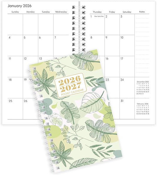 Pocket Calendar 2026-2027, Small Planner -3.7" x 6.7" for Purse, Runs from January 2026 Until December 2027, Monthly Planner 2026-2027 with Coil Organizing & Planning - Green