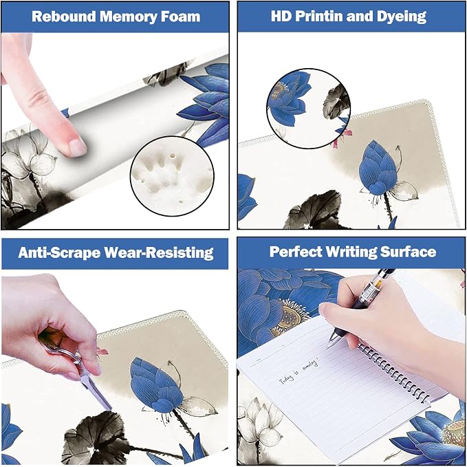 ARTSO Extended Gaming Mouse Pad Set, Keyboard Wrist Rest Support Pad + Wrist Cushion + XXL Large Mouse Pad + Coaster, Stitched Edge, Non-Slip, Memory Foam Desk Mat, Blue Lotus Ink Painting
