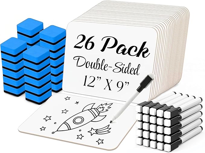 26 Pack Dry Erase Lapboards 12" x 9" - Double Sided Small Dry Erase Boards with 26 Markers & Erasers - Bulk Mini White Boards for Students, Kids, Teachers & School - Classroom Whiteboard Supplies