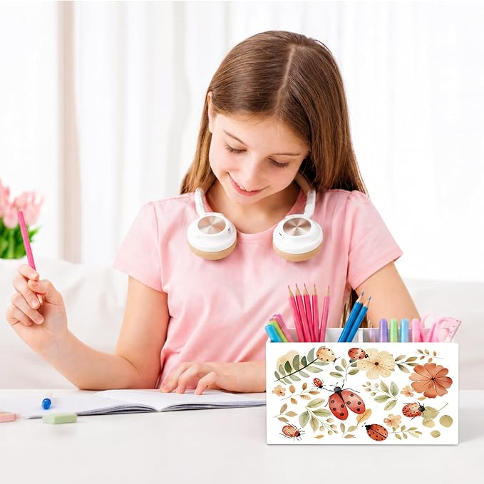 Ladybugs Floral Pen Pencil Holder for Desk Ladybug Gifts for Women, Cottagecore Wildflower Pencil Holders Wooden Box Organizer for Home Office Bedroom Desk Tabletop