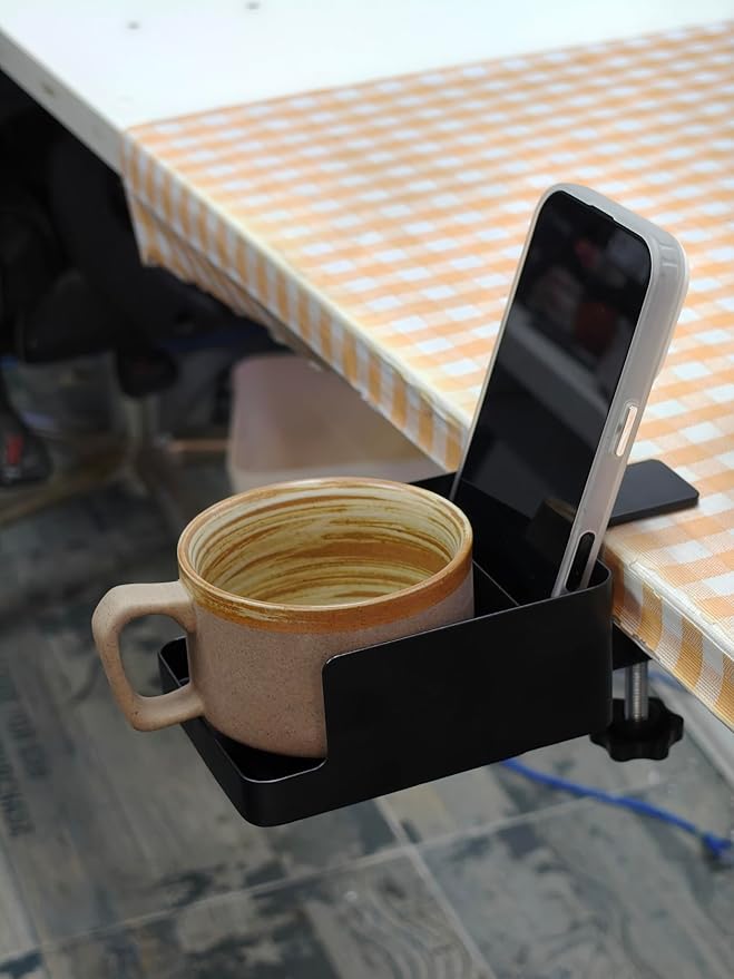 Black Desk Cup Holder, Clamp on Under Desks for Cups Holder, Desktop Storage for Phone, Anti-Spill Cup Holder for Desk Edge,Desktop Cup Clamp, 1Pack